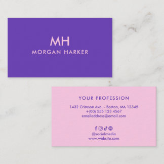 Carte De Visite Monogramme minimaliste propre violet rose bicolore