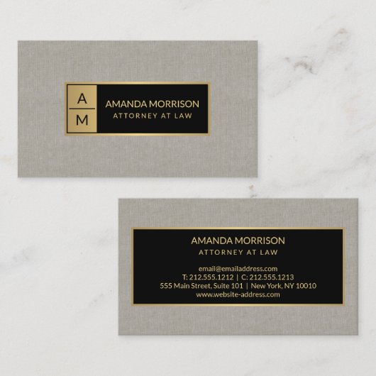 Carte De Visite Monogramme minimum professionnel Or/Tan Linen (Devant / Derrière)