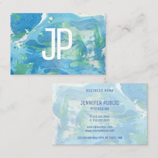 Carte De Visite Monogramme Modèle bleu vert moderne Abstrait (Devant / Derrière)