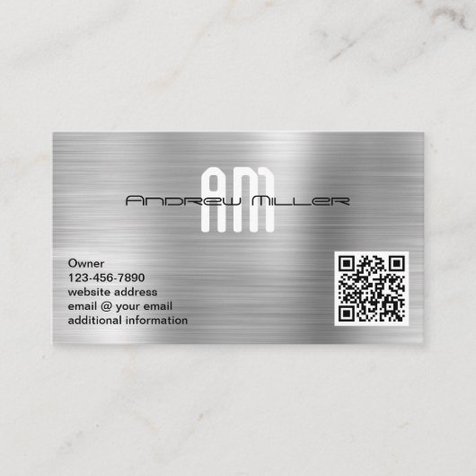 Carte De Visite Monogramme Moderne Ajouter un Code QR Métal Brossé (Devant)