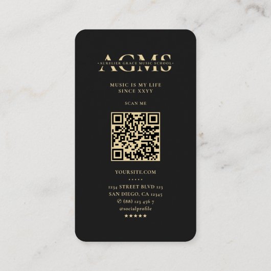 Carte De Visite Monogramme moderne Black Gold note musicale (Dos)