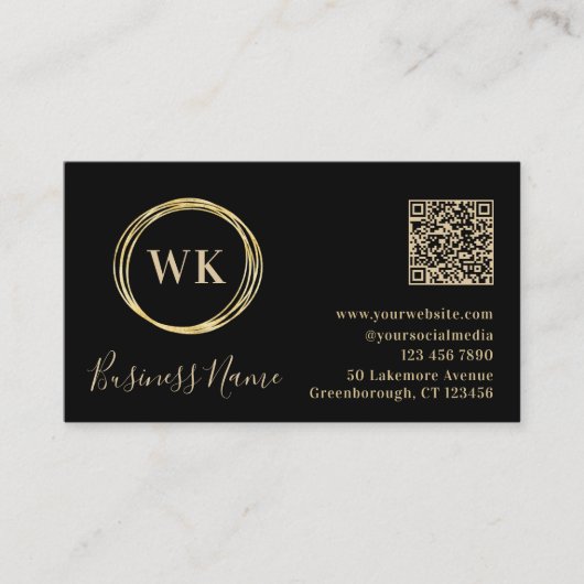 Carte De Visite Monogramme moderne Black Gold QR Code (Devant)