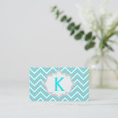 Carte De Visite monogramme moderne bleu aqua, gris chevron (Debout devant)