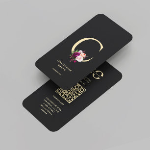 Carte De Visite Monogramme moderne C Élégant Black Gold Floral