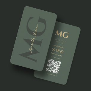 Carte De Visite Monogramme moderne Dark Green QR code médias socia