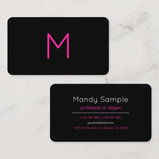 Carte De Visite Monogramme moderne éditable rose et noir (Devant / Derrière)