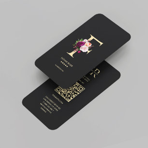 Carte De Visite Monogramme moderne élégant F Rose floral noir