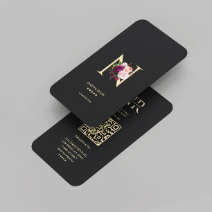 Carte De Visite Monogramme moderne élégant N Floral Black Gold