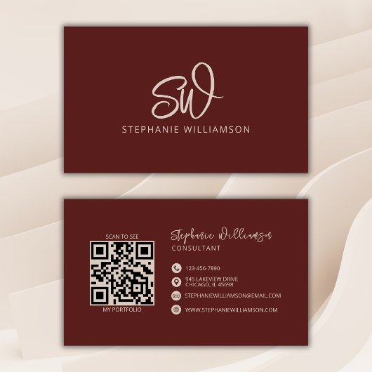 Carte De Visite Monogramme moderne élégant QR Code minimal brique 