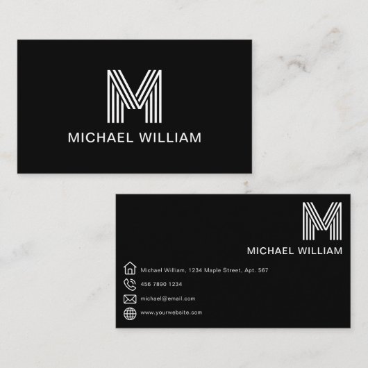 Carte De Visite Monogramme moderne élégant Simple Clair Noir (Devant / Derrière)