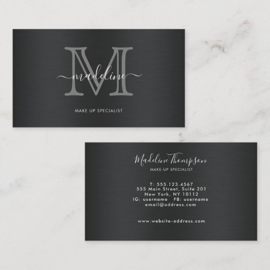 Carte De Visite Monogramme moderne en métal brossé gris noir (Devant / Derrière)
