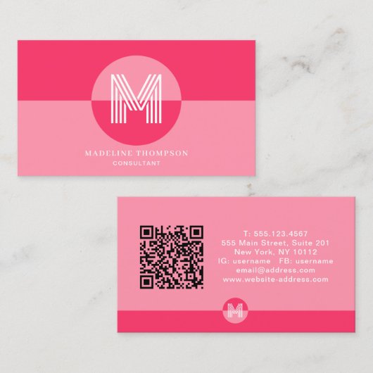 Carte De Visite Monogramme Moderne Géométrique Magenta Rose Code Q (Devant / Derrière)