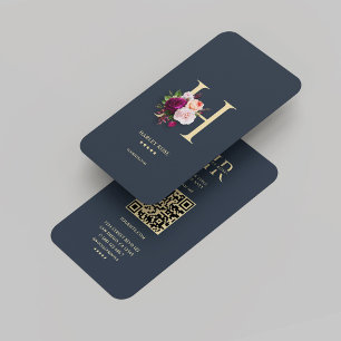 Carte De Visite Monogramme moderne H Floral Bleu foncé Or