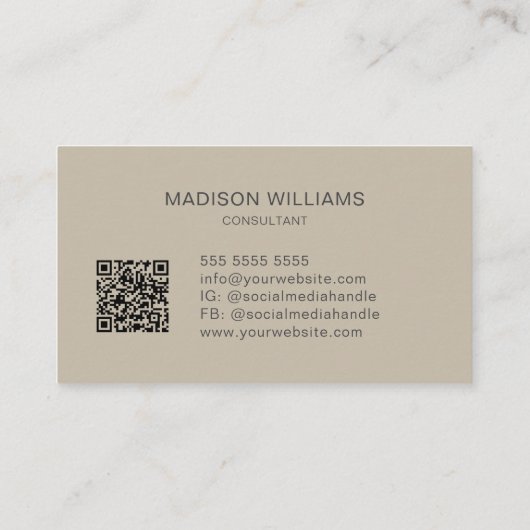Carte De Visite Monogramme moderne Logo QR Code Beige Consultant (Dos)