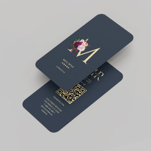 Carte De Visite Monogramme moderne M Floral Bleu foncé Or