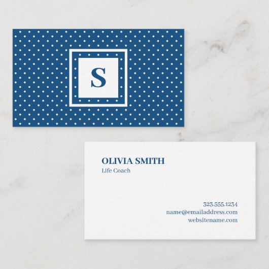 Carte De Visite Monogramme moderne Motif à points bleu et blanc (Devant / Derrière)