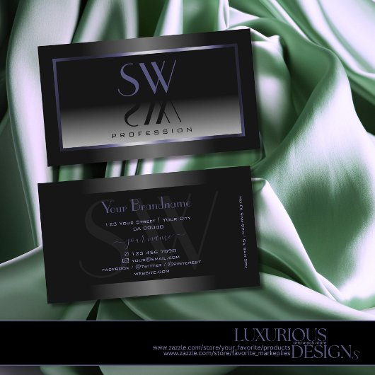 Carte De Visite Monogramme moderne noir blanc dégradé bleu du cadr