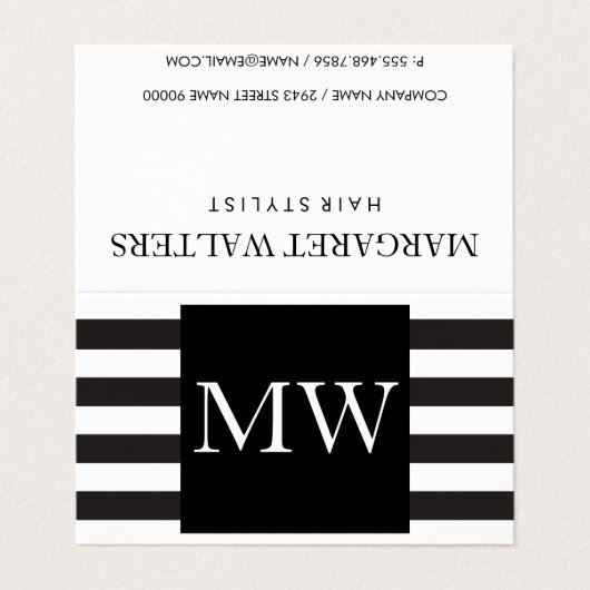 Carte De Visite Monogramme moderne noir blanc rayures (Extérieur déplié)