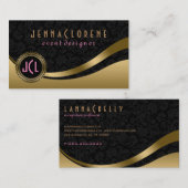 Carte De Visite Monogramme Moderne Noir & Or Lignes Dynamiques (Devant / Derrière)