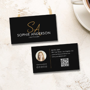 Carte De Visite Monogramme moderne photo QR Black Gold