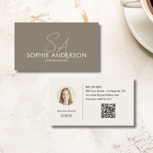 Carte De Visite Monogramme Moderne Photo QR Taupe Professionnel