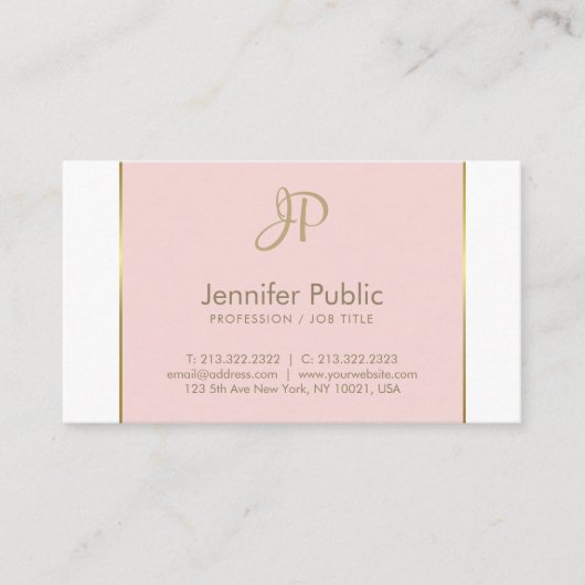 Carte De Visite Monogramme moderne Pink Or Blanc pur Plaine tendan (Devant)