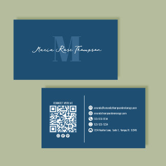 Carte De Visite Monogramme Moderne Professionnel Code QR Bleu 