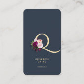Carte De Visite Monogramme moderne Q Floral Bleu foncé Or (Devant)