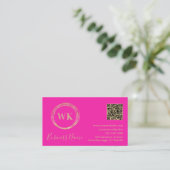 Carte De Visite Monogramme moderne QR Code Hot Pink Or (Debout devant)
