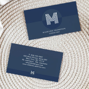 Carte De Visite Monogramme moderne rétro Marine bleu blanc géométr