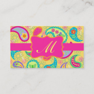 Carte De Visite Monogramme moderne rose fuchsia jaune de Paisley