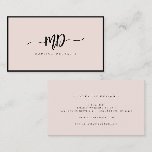 Carte De Visite Monogramme moderne Script Pinceau noir Blush éléga (Devant / Derrière)