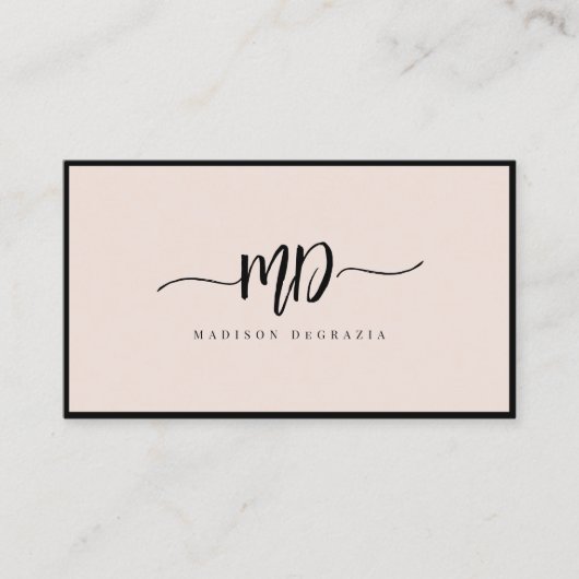 Carte De Visite Monogramme moderne Script Pinceau noir Blush éléga (Devant)