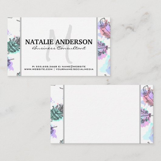 Carte De Visite Monogramme | Motif Boho Feathers (Devant / Derrière)