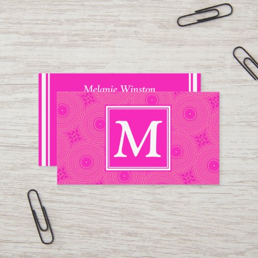 Carte De Visite Monogramme motif rose chaud cercles (Devant/Arrière en situation)