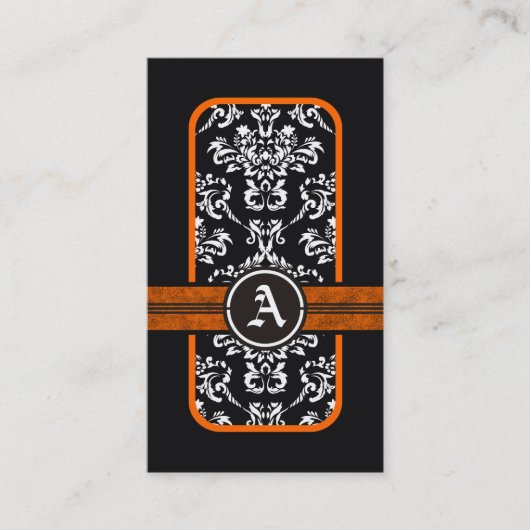 Carte De Visite monogramme noir blanc damassé orange (Devant)