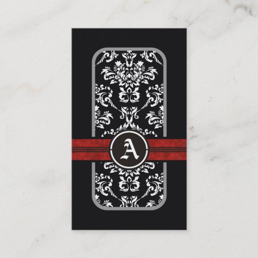 Carte De Visite monogramme noir blanc damassé rouge bande (Devant)