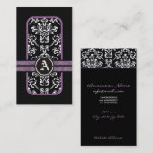 Carte De Visite monogramme noir blanc damassé violet bande (Devant / Derrière)