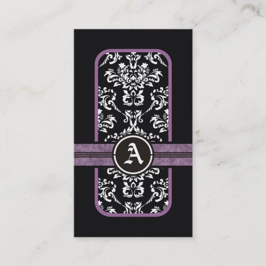 Carte De Visite monogramme noir blanc damassé violet bande (Devant)