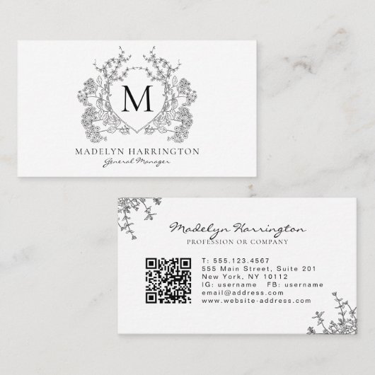Carte De Visite Monogramme noir blanc floral classique Crest Code (Devant / Derrière)