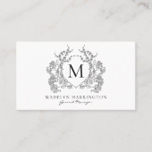 Carte De Visite Monogramme noir blanc floral classique Crest Code (Devant)