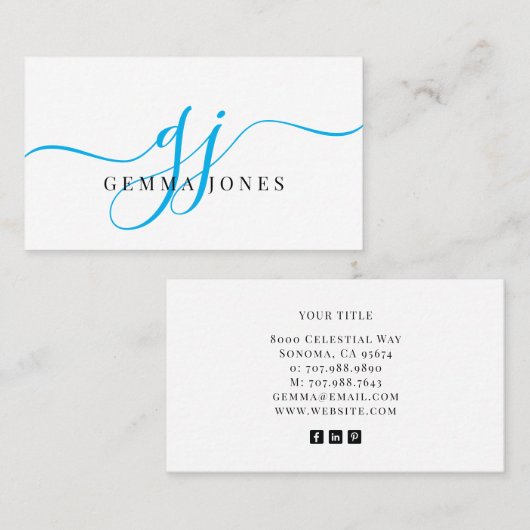 Carte De Visite Monogramme noir bleu moderne Nom du script féminin (Devant / Derrière)