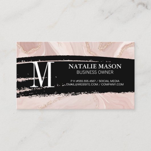 Carte De Visite Monogramme noir brossé | Marbre rose Gold Flake (Devant)