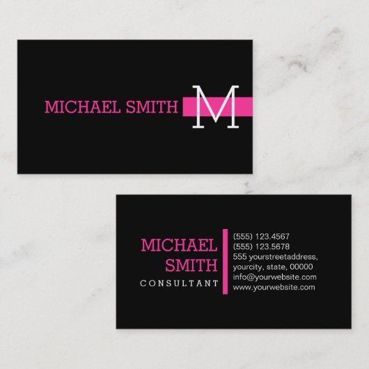 Carte De Visite Monogramme noir clair moderne rose chaud (Devant / Derrière)