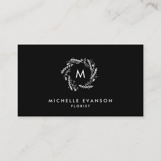 Carte De Visite Monogramme noir et blanc élégant couronne florale (Devant)