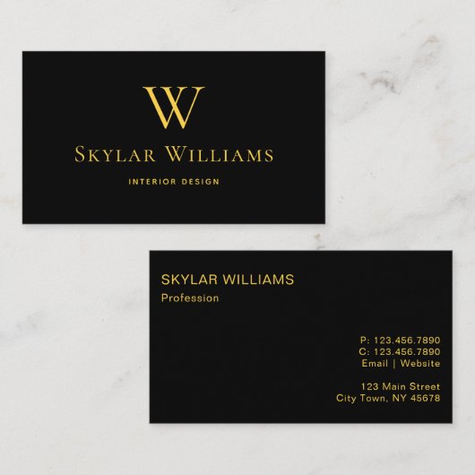 Carte De Visite Monogramme Noir Et Or Simple (Devant / Derrière)