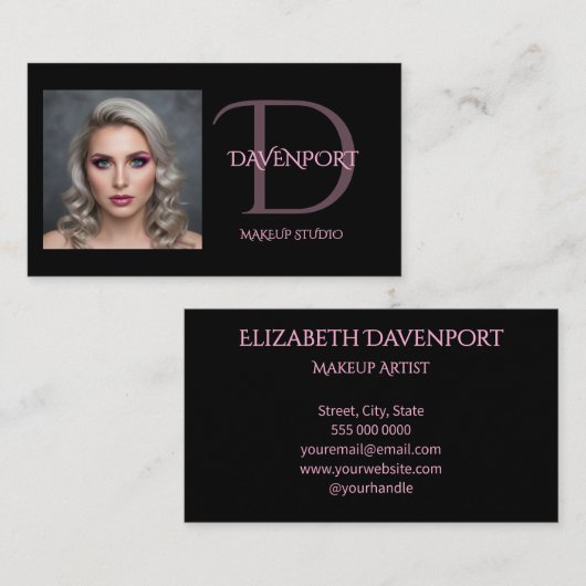 Carte De Visite Monogramme noir et rose blush (Devant / Derrière)