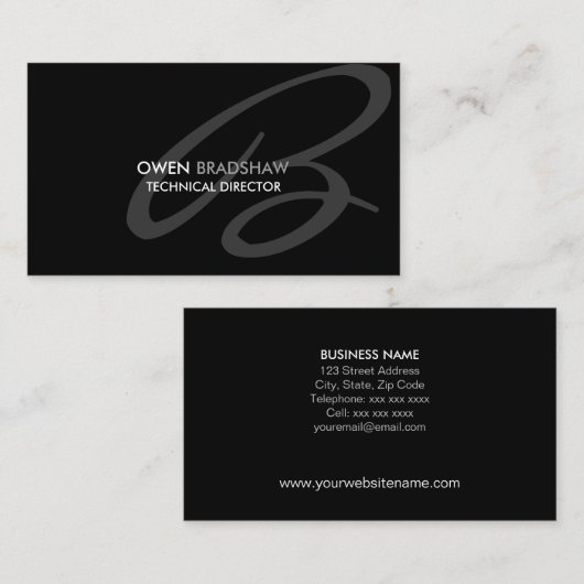 Carte De Visite Monogramme noir moderne et élégant (Devant / Derrière)