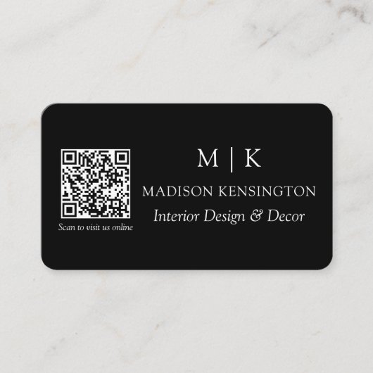 Carte De Visite Monogramme noir moderne ou ajouter un logo Code QR (Devant)