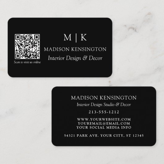 Carte De Visite Monogramme noir moderne ou ajouter un logo Code QR (Devant / Derrière)